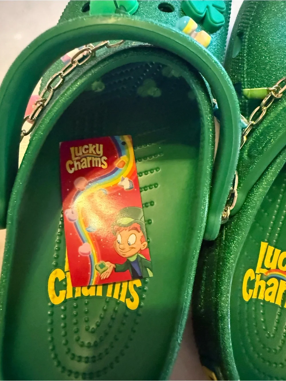CROCS Men's Green Glitter Clogs with Charm Chain